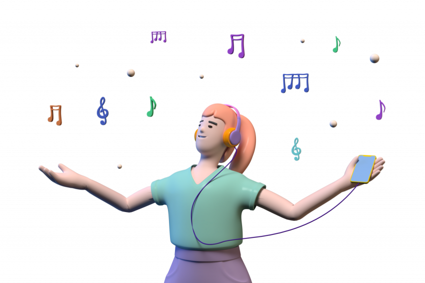 Girl listening music from her mobile phone - 3D image