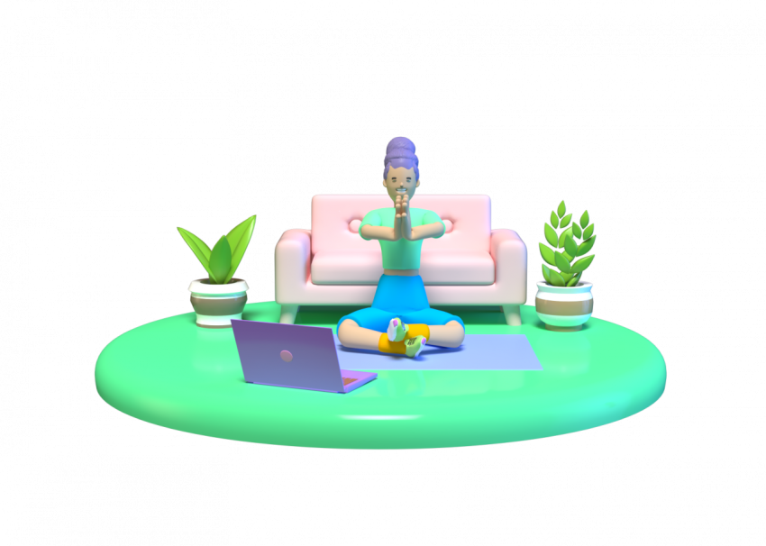 Woman taking Online Yoga and Meditation Lessons - 3D image