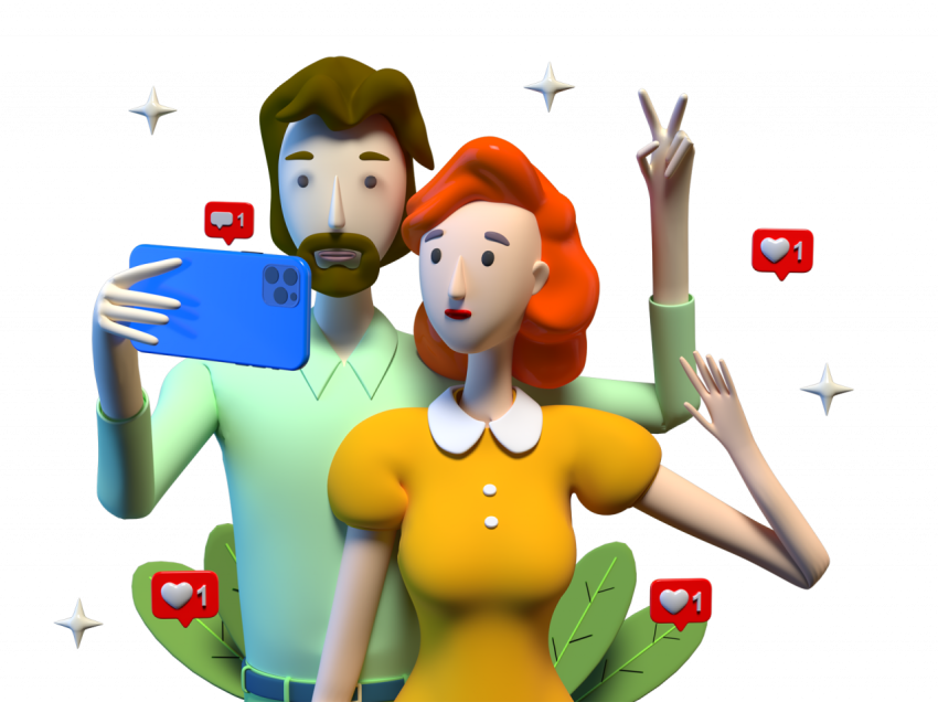 Happy couple takes a selfie during travel - 3D image