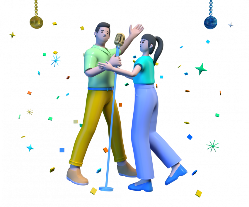 Couple Singing with Microphones at a Karaoke Bar - 3D image