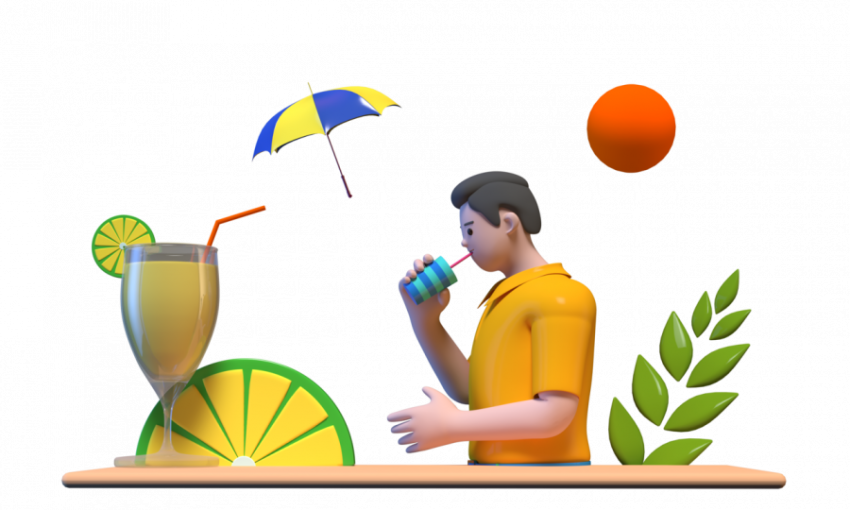 Boy enjoying juice in Summer - 3D image