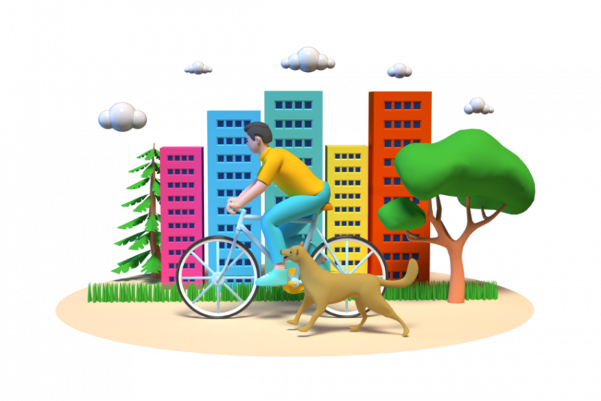 Man riding bicycle with dog - 3D image
