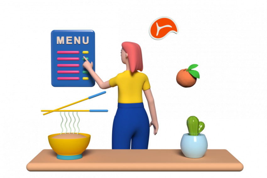 Girl ordering food from menu card - 3D image
