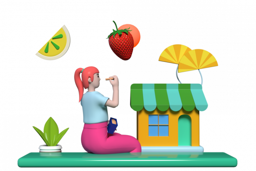 Girl eating fruits at cafeteria - 3D image